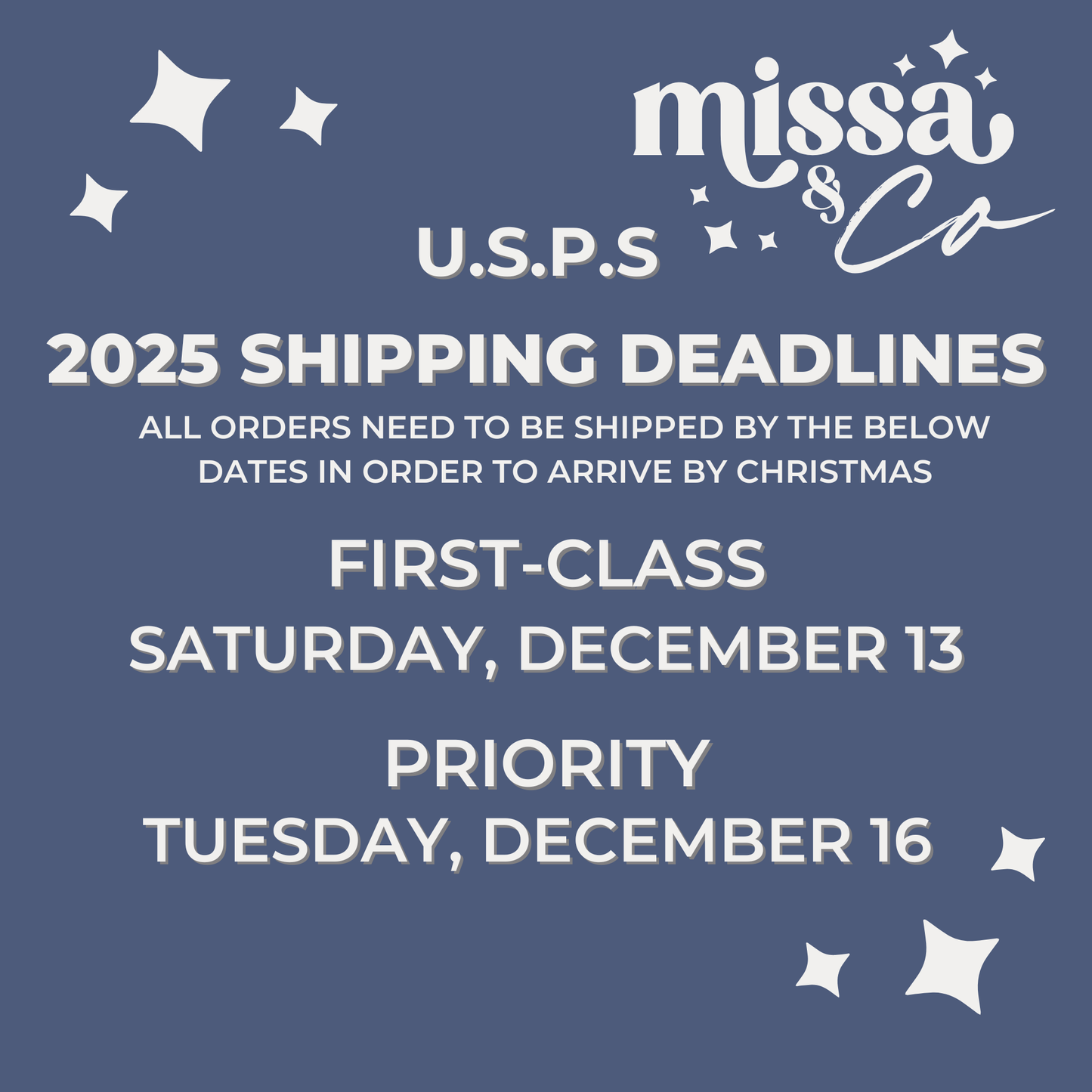 2025 Shipping Deadlines for USPS with Missa & Co branding on a blue background