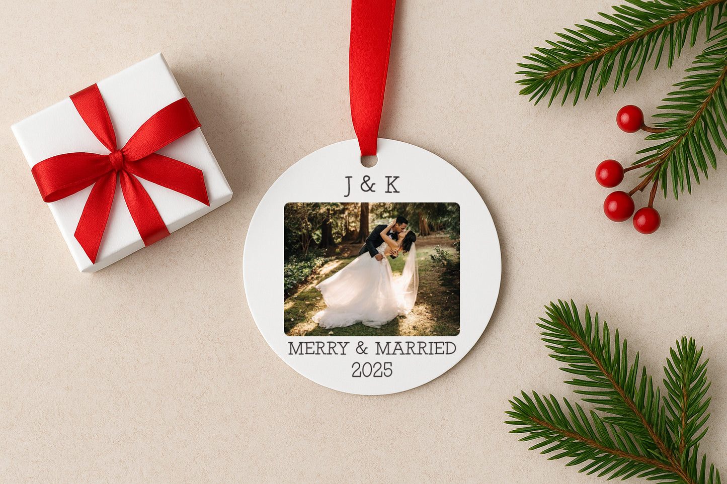 Merry and Married personalized photo ornament on 3.5 inch aluminum with red ribbon